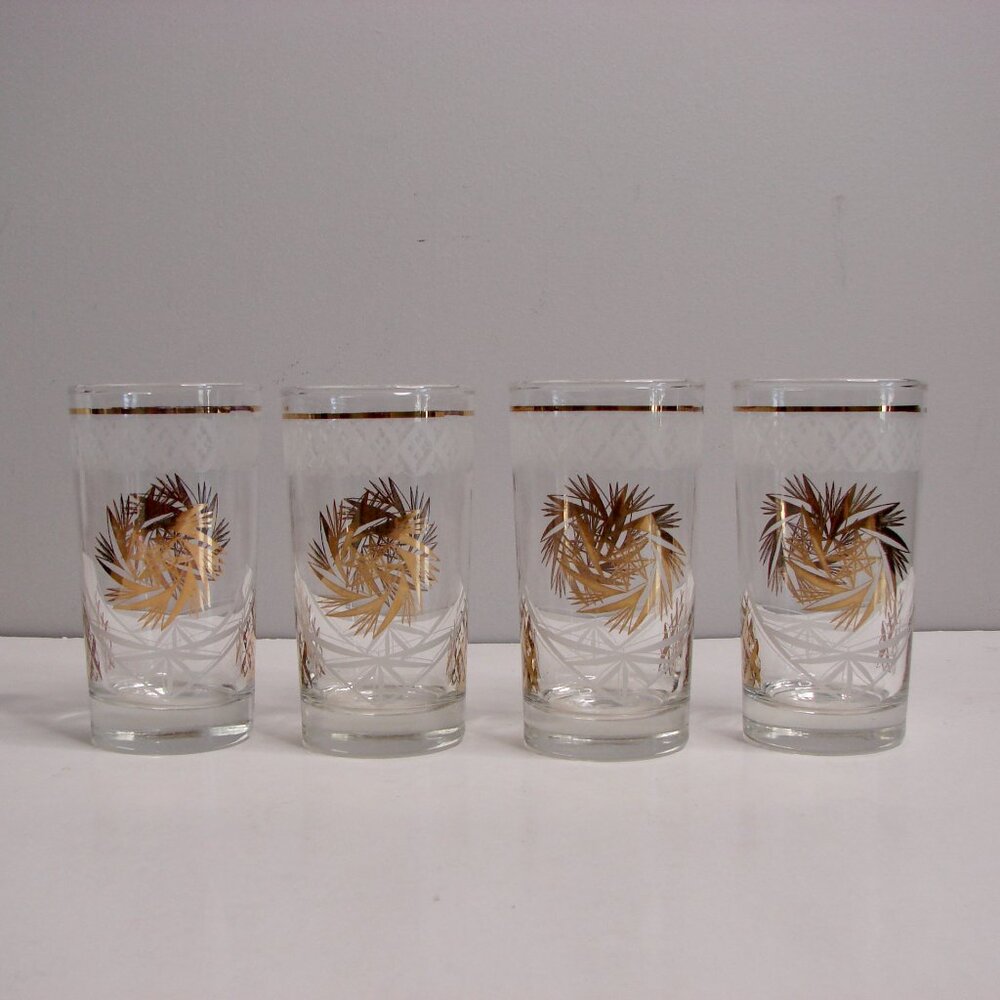 Vintage MCM Atomic Gold Glasses Mid Century Modern Dominion Gold Pinwheel Bar